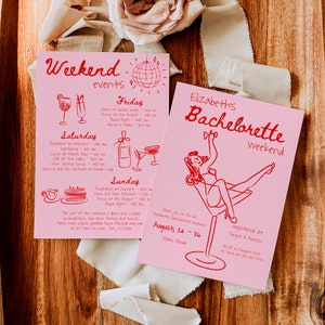 Retro Bachelorette Party Invitation and Itinerary Template, Hand Drawn Bachelorette Invite, Whimsical Funky Hens Weekend Itinerary #c97p