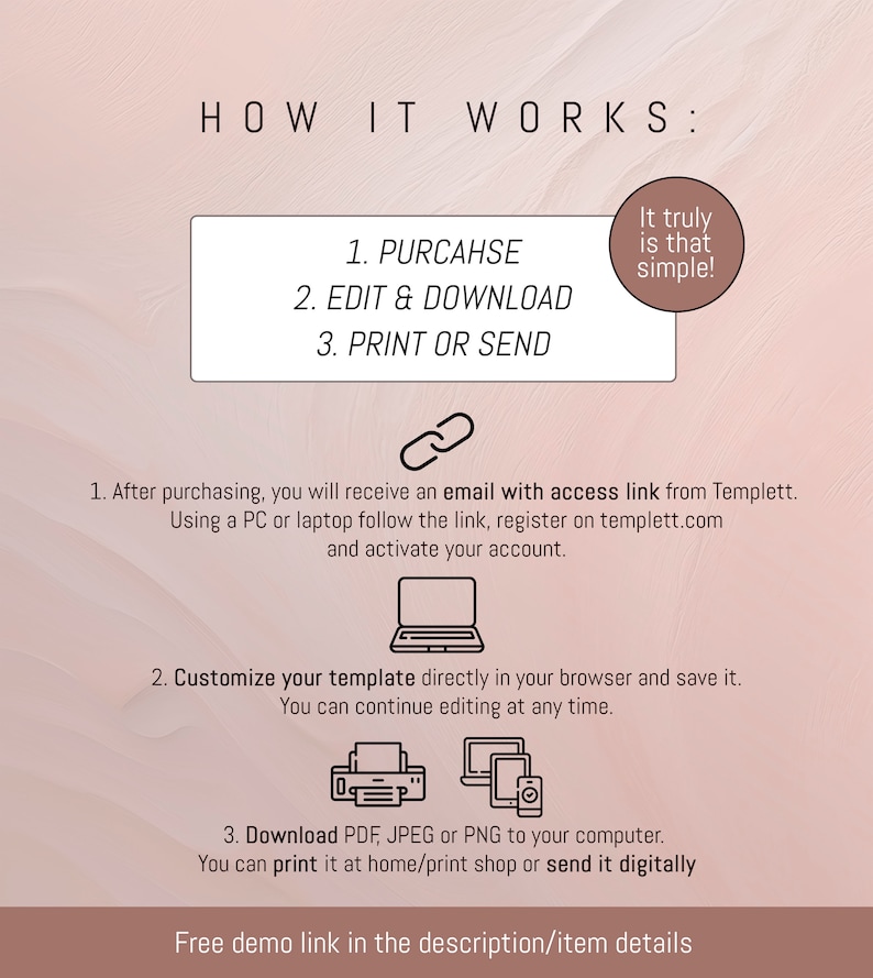 Może przedstawiać: Grafika w kolorze r&oacute;żowym i białym z tekstem "HOW IT WORKS:" i listą krok&oacute;w: 1. Kup, 2. Edytuj i pobierz, 3. Wydrukuj lub wyślij. Grafika zawiera r&oacute;wnież ikonę łącza, laptopa, drukarkę i telefon. Tekst "It truly is that simple!" znajduje się w k&oacute;łku.