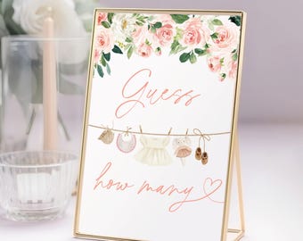 Guess How Many Game Sign Baby Shower, Floral Printable Guessing Game, Candy Jar Guess Sign, Editable Party Game for Baby Shower #c3b-S1