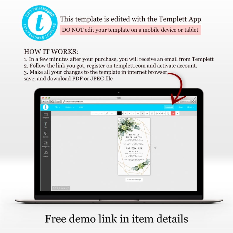 May include: A laptop screen displaying a wedding invitation template with a green and gold design. The text on the invitation reads "Happily Ever After". The template is being edited using the Templett app. The text on the screen says "This template is edited with the Templett App. DO NOT edit your template on a mobile device or tablet."