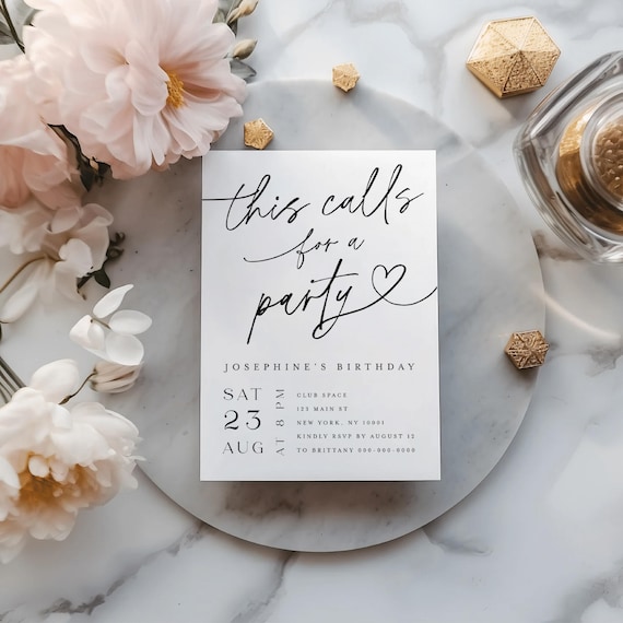 This Calls For a Party Birthday Invitation, Printed & Shipped Adult Party Invite, Elegant Anniversary Invitation, Custom Printed Card