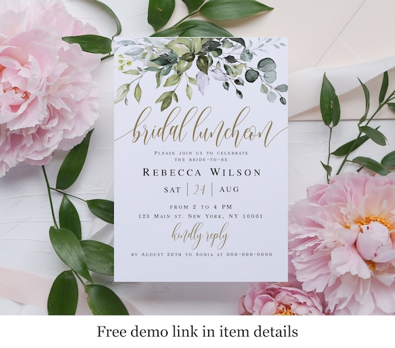 Eucalyptus Bridal Luncheon Invitation Template, Templett, 100% Editable Text, Create Your Own Invite, Bohemian Greenery, Leaves, Gold #c61
