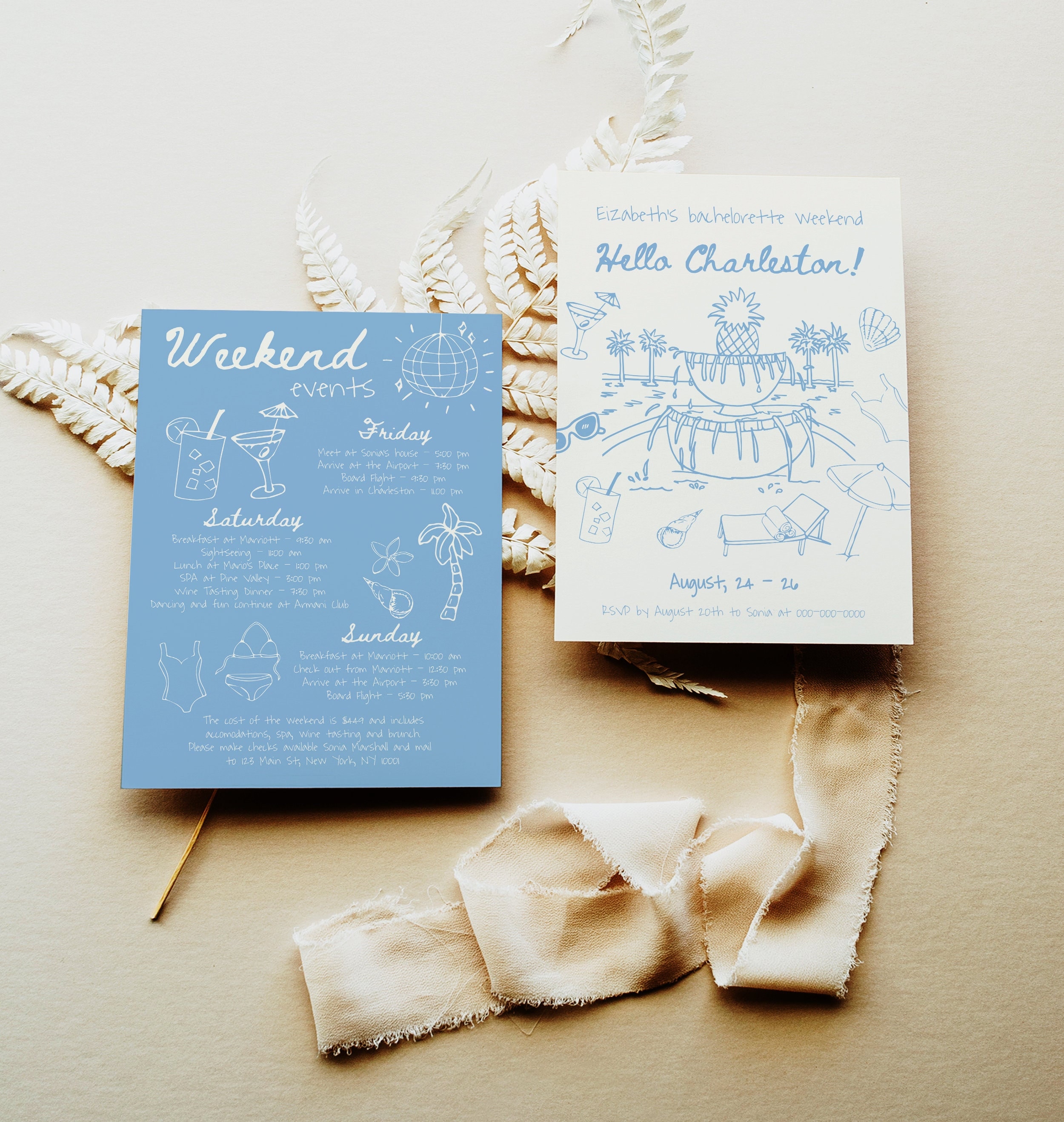 Charleston Bachelorette Itinerary Template, Hand Drawn Charleston Bachelorette Party Invite, Blue Whimsical Beach Girls Weekend Trip #c97b