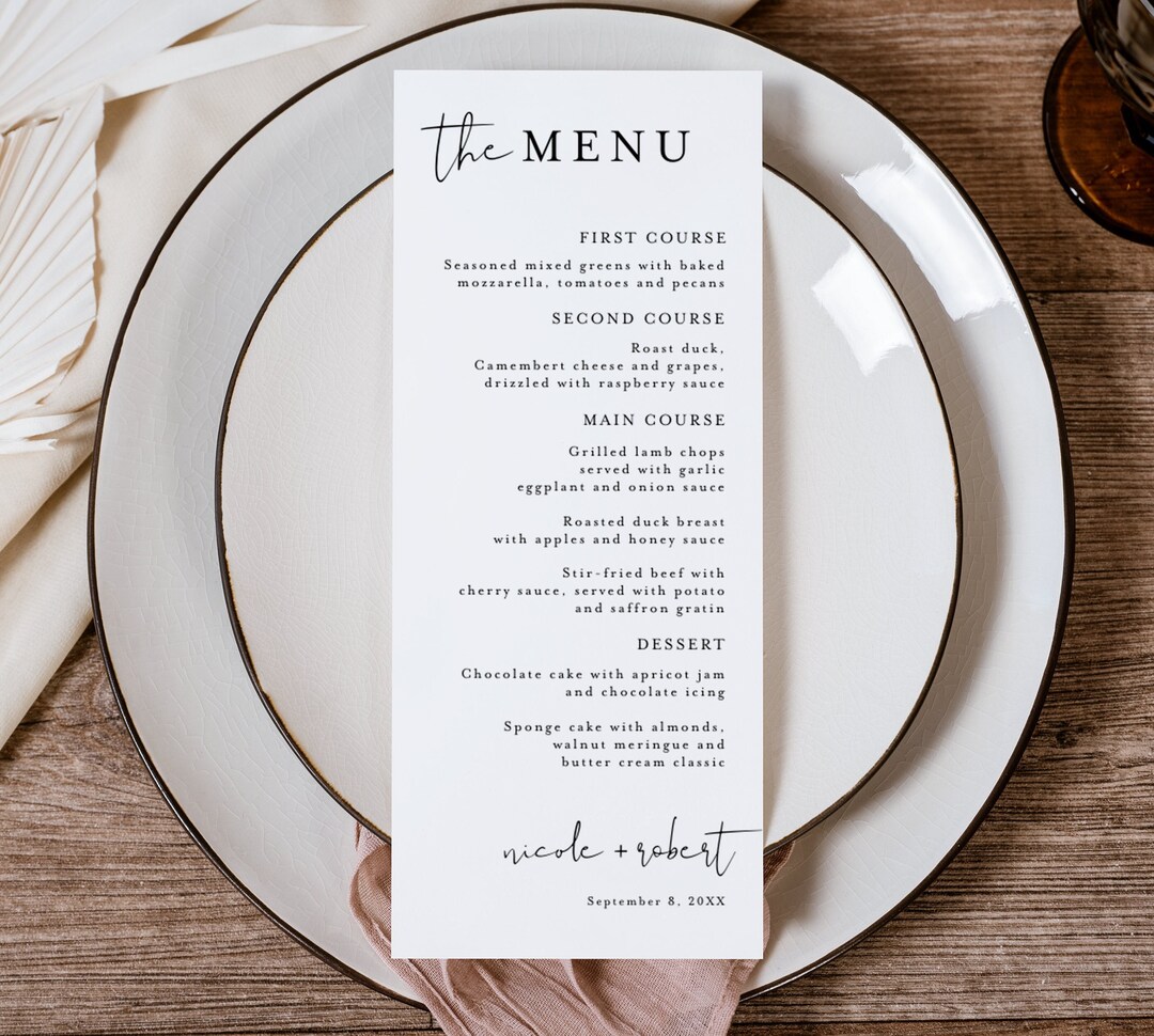 Minimalist Wedding Menu Template, Wedding Rehearsal Dinner Menu Card