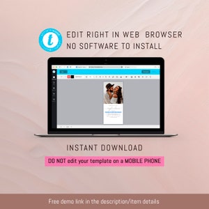 Pu&ograve; includere: Uno schermo di computer portatile che mostra un modello di invito di nozze con una foto di una coppia. Il testo sullo schermo recita "Modifica direttamente nel browser web, nessun software da installare, Download immediato, Non modificare il tuo modello su un telefono cellulare".