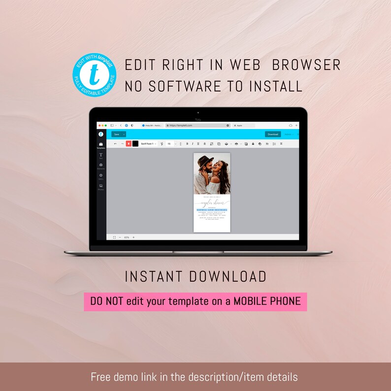 Pu&ograve; includere: Uno schermo di computer portatile che mostra un modello di invito di nozze con una foto di una coppia. Il testo sullo schermo recita "Modifica direttamente nel browser web, nessun software da installare, Download immediato, Non modificare il tuo modello su un telefono cellulare".
