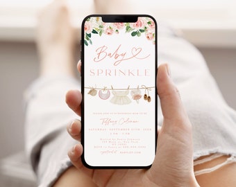 Baby Sprinkle Evite, Pink Floral Girl Baby Sprinkle Invitation Digital Baby Clothes Baby Sprinkle Shower Text Invitation Sprinkle Evite #c3b