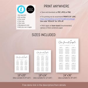Clean and modern wedding seating chart sign with "Our Favorite People" header displayed against a white background. Mounted on a neutral easel, ideal for intimate weddings and minimalist celebrations.