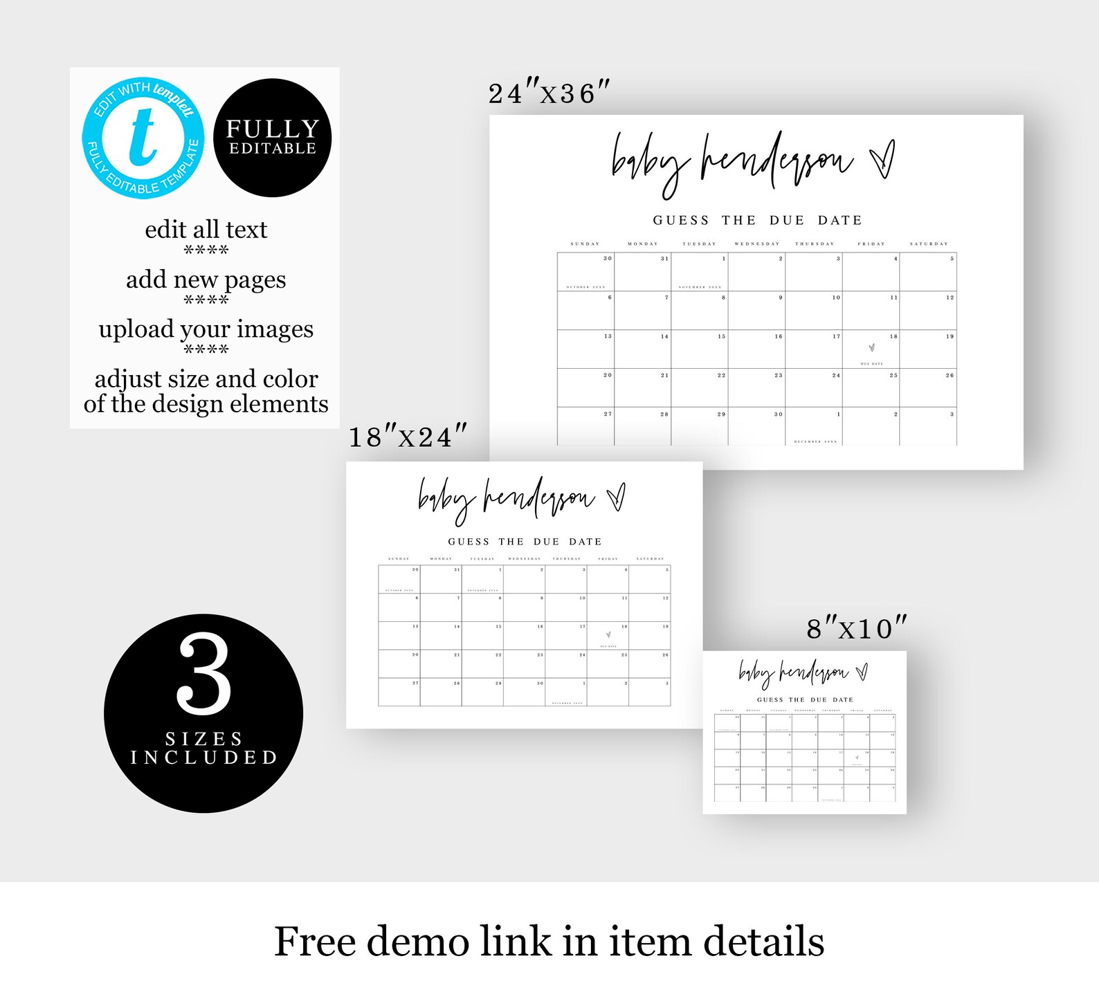 Baby Due Date Calendar Game Template Templett Baby Shower Etsy