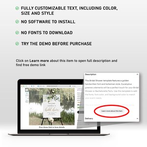 May include: A laptop screen displaying a mockup of a printable bridal shower sign with a gold handwritten font and eucalyptus greenery. The sign says "Welcome to Sophia's Bridal Shower".
