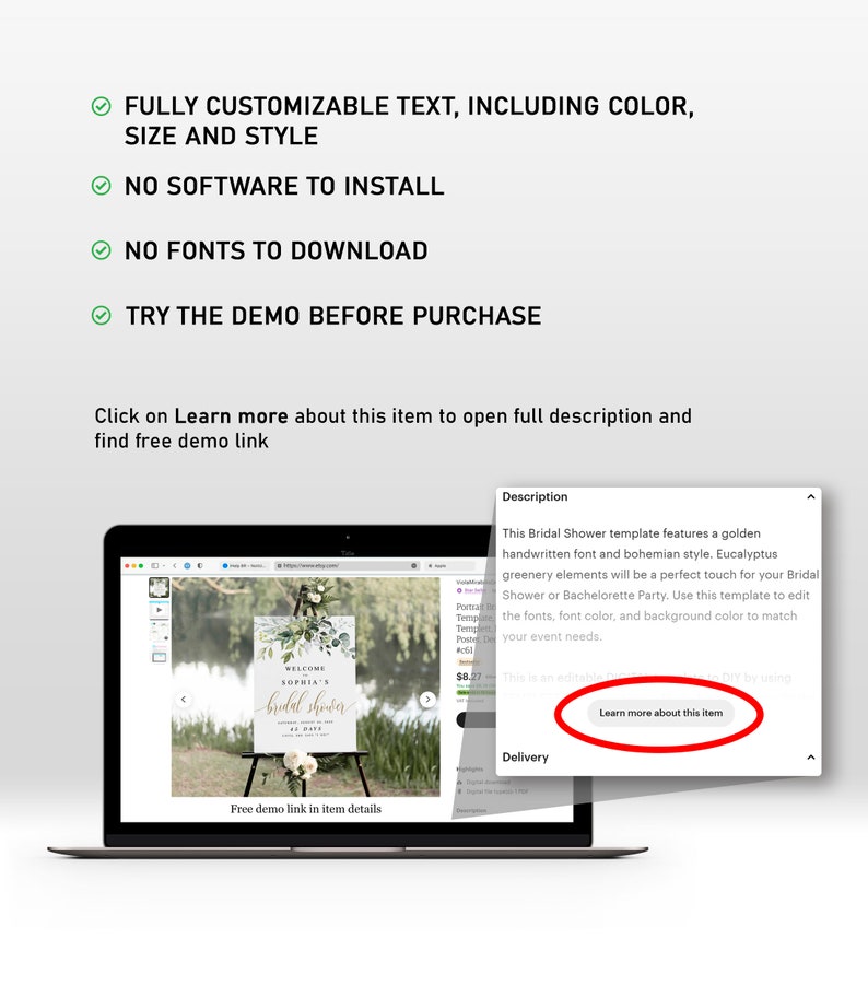 May include: A laptop screen displaying a mockup of a printable bridal shower sign with a gold handwritten font and eucalyptus greenery. The sign says "Welcome to Sophia's Bridal Shower".