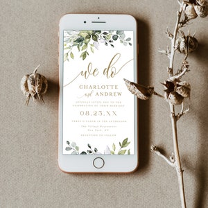May include: A digital wedding invitation featuring a green and white floral design. The text reads "We do Charlotte and Andrew Joyfully invite you to the celebration of their marriage 08.23.XX Three o'clock in the afternoon The Village Restaurant New York, NY Reception to follow"