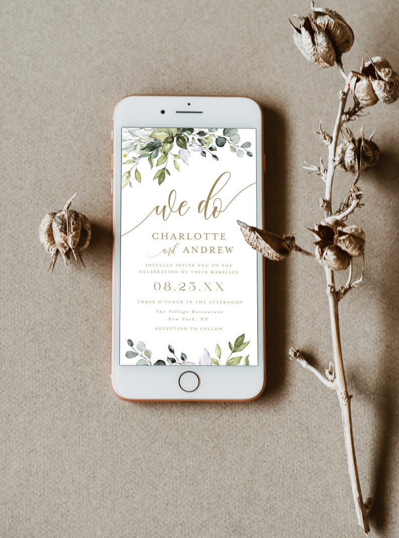 May include: A digital wedding invitation featuring a green and white floral design. The text reads "We do Charlotte and Andrew Joyfully invite you to the celebration of their marriage 08.23.XX Three o'clock in the afternoon The Village Restaurant New York, NY Reception to follow"