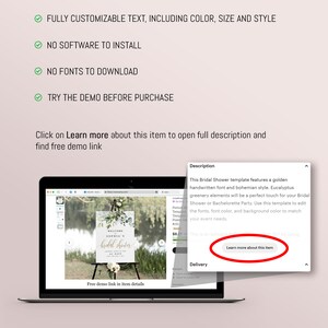 May include: A laptop screen displaying a website with a bridal shower sign template. The sign features a gold handwritten font, eucalyptus greenery, and the text "Welcome Sophia's bridal shower".