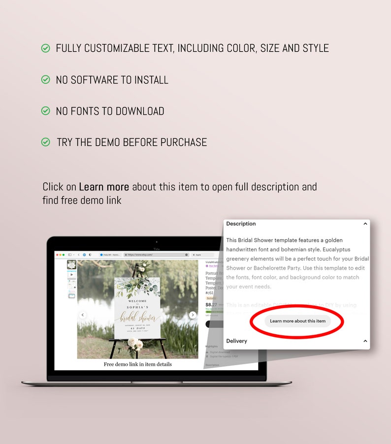May include: A laptop screen displaying a website with a bridal shower sign template. The sign features a gold handwritten font, eucalyptus greenery, and the text "Welcome Sophia's bridal shower".