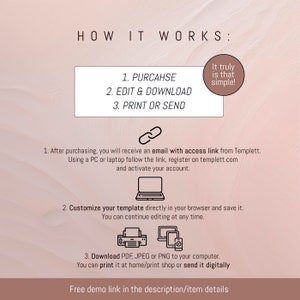 Puede incluir: Un gr&aacute;fico rosa y blanco con el texto "HOW IT WORKS:" y una lista de pasos: 1. Comprar, 2. Editar y descargar, 3. Imprimir o enviar. El gr&aacute;fico tambi&eacute;n incluye un icono de enlace, un icono de port&aacute;til, un icono de impresora y un icono de tel&eacute;fono inteligente. El texto "It truly is that simple!" est&aacute; en un c&iacute;rculo.