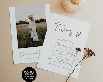 Twins Baby Shower Invitation Template, Printable Invites, Boy or Girl, Photo, Picture, Instant Download, Gender Neutral, Customizable #f35