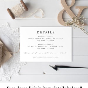 Scheda con i dettagli del matrimonio stampabile Testo modificabile al 100% Modello Templett Inviti di matrimonio Inserto scandinavo minimalista moderno #vmt310