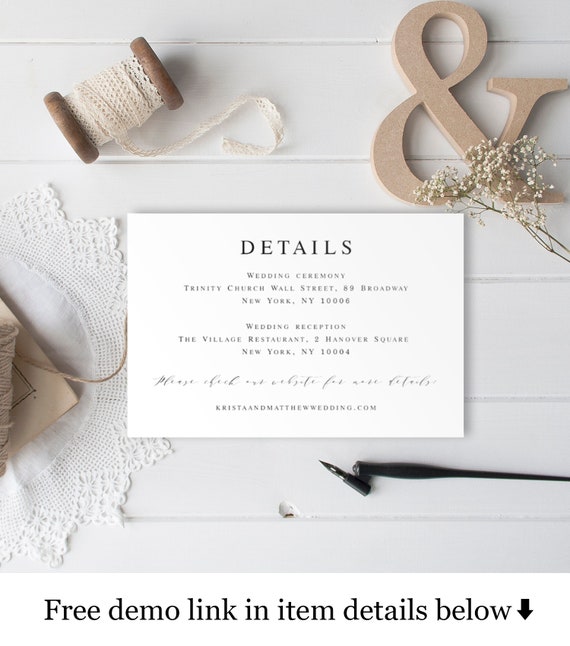 Wedding details card printable 100% editable text Templett template Wedding invite enclosure Modern Minimalist Scandinavian insert #vmt310