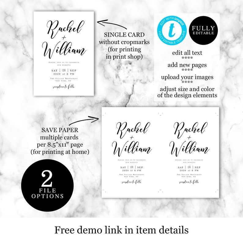 May include: Two printable wedding invitation templates featuring the names "Rachel + William" in a black cursive font. The template on the left is a single card, while the template on the right is a two-card layout for saving paper when printing at home.