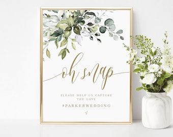 Greenery Gold Wedding Hashtag Sign, Oh Snap Template, Social Media, Capture The Love, Instant Download, Printable, Custom, Templett DIY #c61