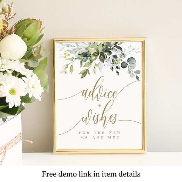 Advice And Wishes Sign Template, Newlyweds Advice, Well Wishes Sign, Advice For The Couple, DIY Personalized, Eucalyptus Greenery Gold #c61