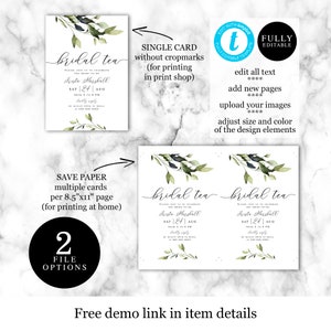 Elegant Bridal Tea Party Invitation Template, Instant download, 100% Editable Invite, Calligraphy, DIY Customizable, Simple Greenery vmt43 image 2