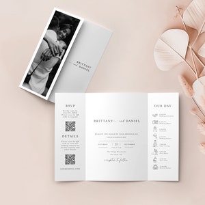 Gatefold Wedding Invitation With QR Code, QR Code RSVP, Wedding Invite Template, Instant Download, Details, Timeline, Templett #f37m