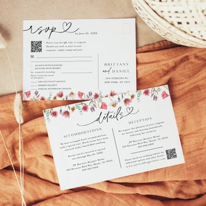 RSVP et cartes détaillées, carte postale QR Code modifiable RSVP, carte-réponse pour faire-part de mariage fleurs sauvages avec code QR, veuillez répondre carte en ligne #c82