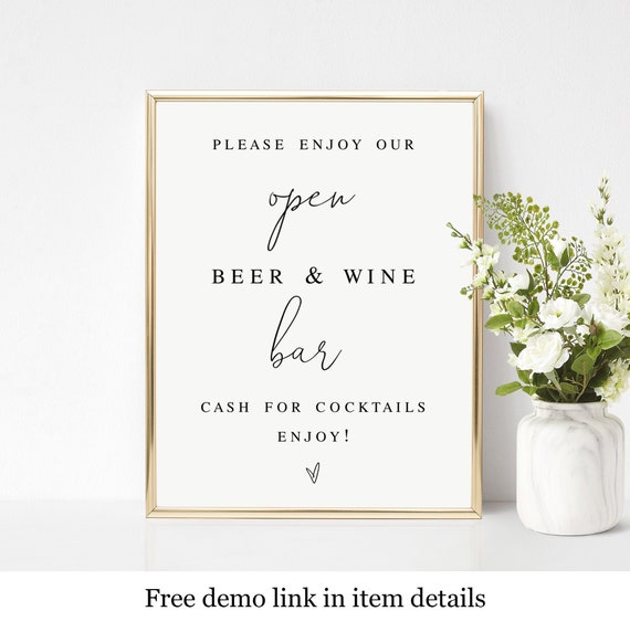 Wedding Open Bar Wine And Beer Sign Template Cash Cocktails - Etsy