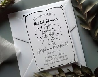 Cocktail Bridal Shower Invitation, Scribble Illustration, Whimsical Bridal Shower Invitation, Wavy Retro Vintage Bridal Shower Party #c97