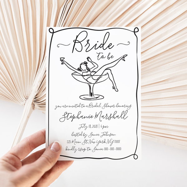 Scribble Bride To Be Invitation, French Style Cocktail Bridal Shower Invitation, Whimsical Funky Vintage Las Vegas Bride To Be Invite #c97