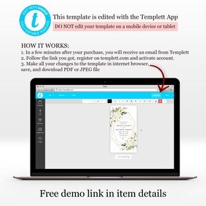 May include: A laptop screen displaying a wedding invitation template being edited in the Templett app. The invitation features a white floral design with gold geometric accents. The text on the screen reads "This template is edited with the Templett App. DO NOT edit your template on a mobile device or tablet."  The text "Free demo link in item details" is displayed below the laptop.