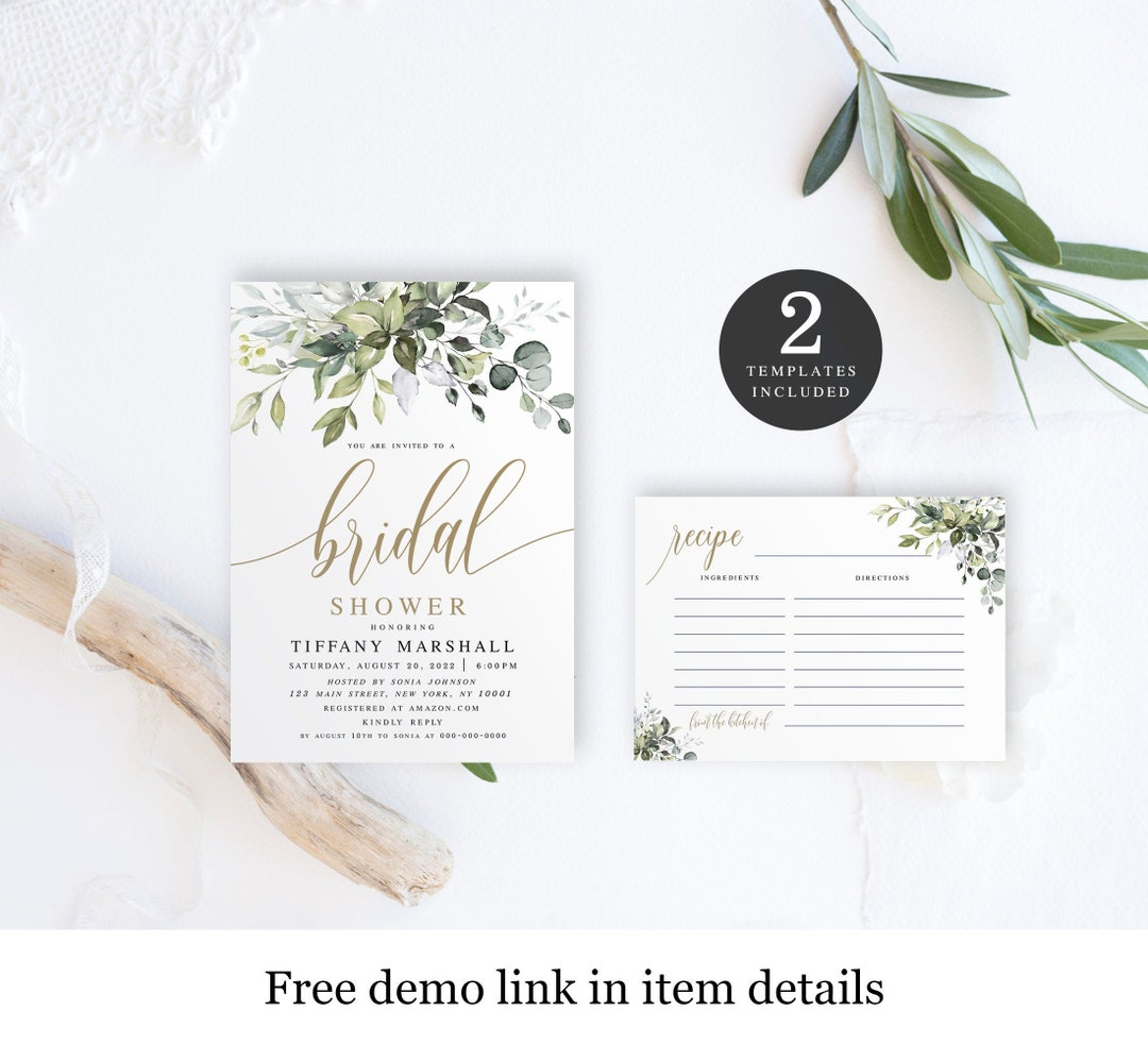 Shower Invitation Template, Bridal Invite With Recipe Card, Set, Fully ...