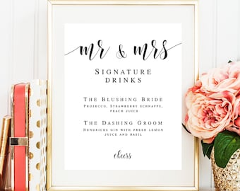 Signature cocktail sign Editable template Bar menu template Mr and Mrs signature drink Sign download Wedding bar menu Cocktail menu #vm31