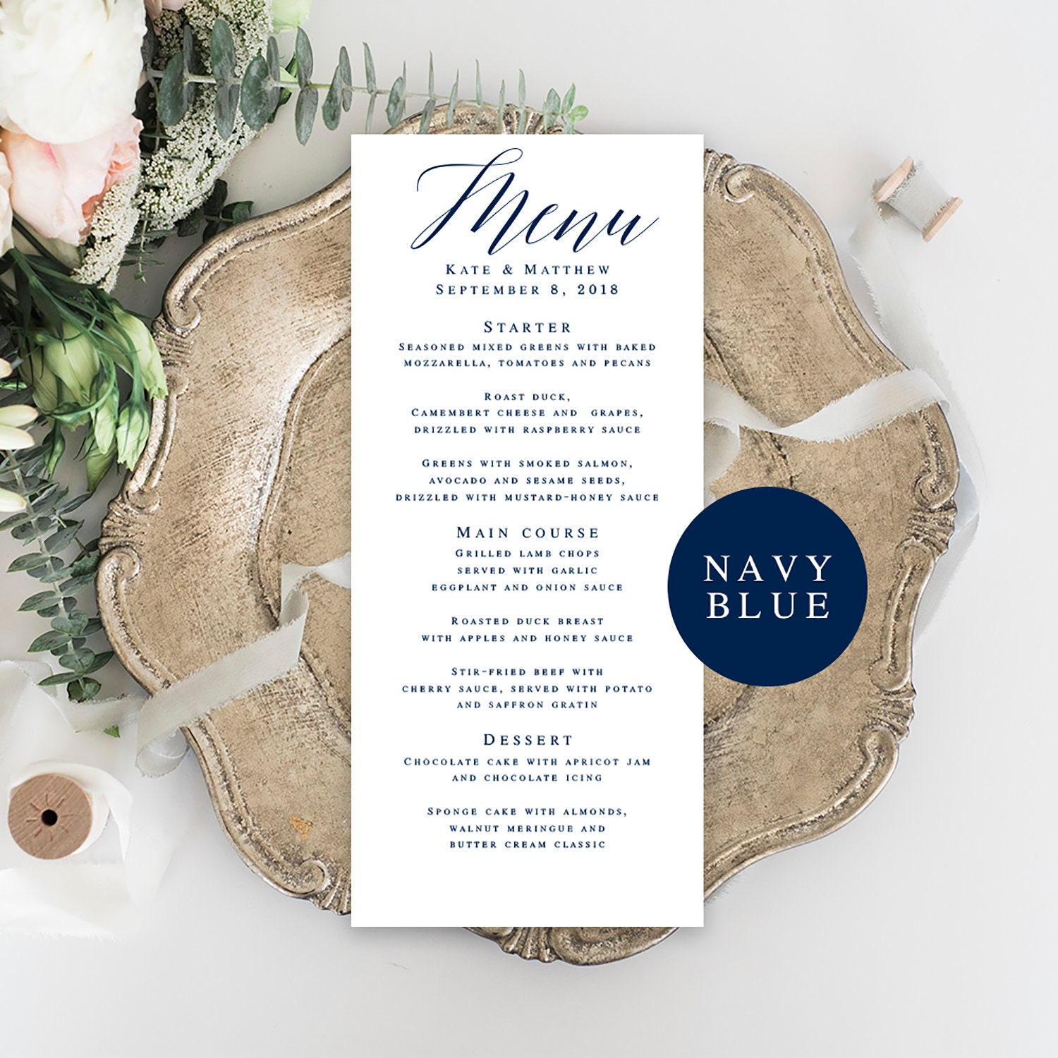 Navy Wedding Menu Template Navy Menu Cards Navy Blue Menu Etsy