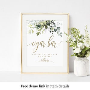Greenery Cigar Bar Sign Template For Wedding, Instant Download, Bachelor Party, Edit With Templett, Event, Personalized, Editable DIY #c61