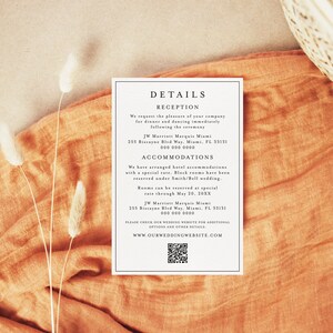 May include: A white card with black text detailing reception and accommodation information for a wedding. The card includes the name of the hotel, address, and phone number. The text also includes a website address and a QR code.