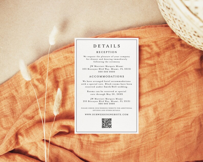 May include: A white card with black text detailing reception and accommodation information for a wedding. The card includes the name of the hotel, address, and phone number. The text also includes a website address and a QR code.