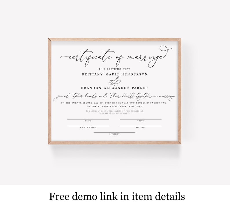 Certificate Of Marriage Template, Printable, Wedding Keepsake, 100% Editable, Instant Download, Print At Home, Unique, Elegant, DIY vmt10 image 1