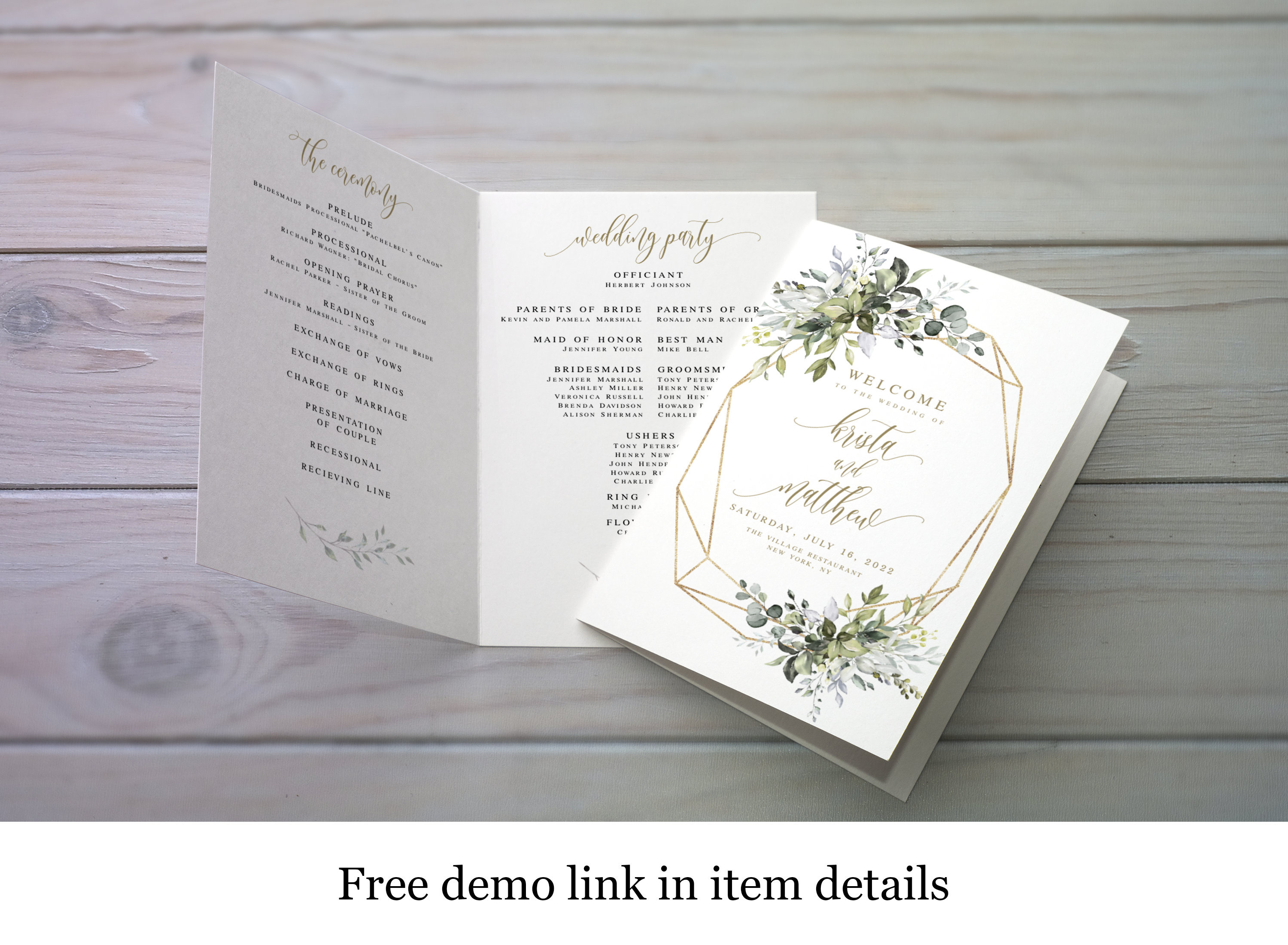 Printable Program Template, Edit With Templett, Folded, Instant download, Editable Order of Service, Eucalyptus Greenery, Gold, Boho #c61