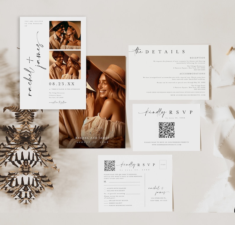 Wedding Invitation Template Set, QR Code RSVP Postcard, Modern Minimalist Invite, Photo Collage Wedding Invitation, QR Code Reply Card #f41 image 1