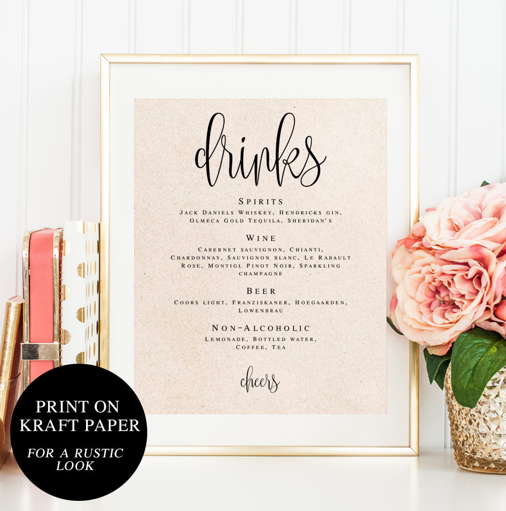 Wedding drink menu template Bar signs for wedding Editable