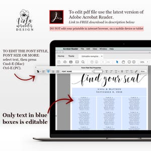 May include: A printable seating chart template for a wedding reception. The chart is titled "find your seat" and features the names "Anna & Matthew" and the date "September 8, 2018". The chart is divided into tables with guest names listed under each table number.