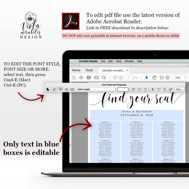 May include: A printable seating chart template for a wedding reception. The chart is titled "find your seat" and features the names "Anna & Matthew" and the date "September 8, 2018". The chart is divided into tables with guest names listed under each table number.