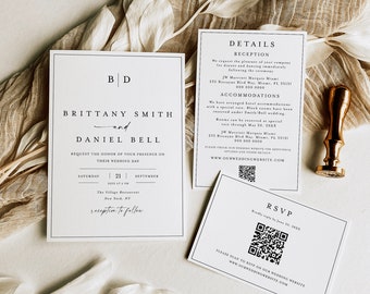 Wedding Invitation Template Set, QR Code RSVP, Minimalist, Simple Invite Suite, 100% Editable, Monogram, Templett, Details Card Custom #f37m