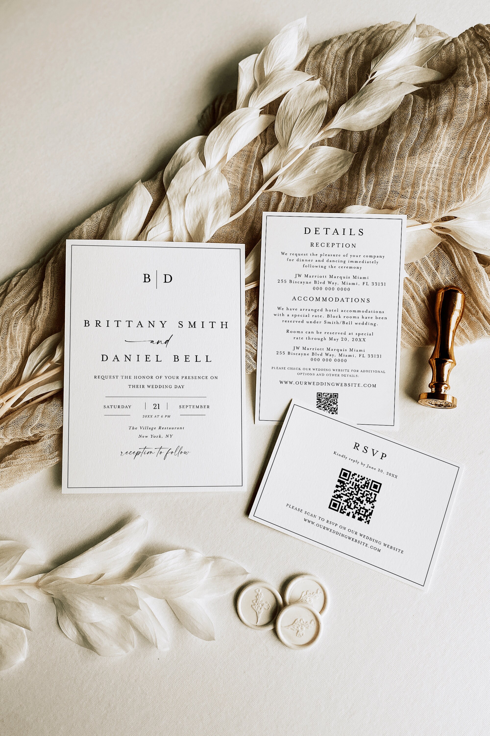 Wedding Invitation Template Set, QR Code RSVP, Minimalist, Simple