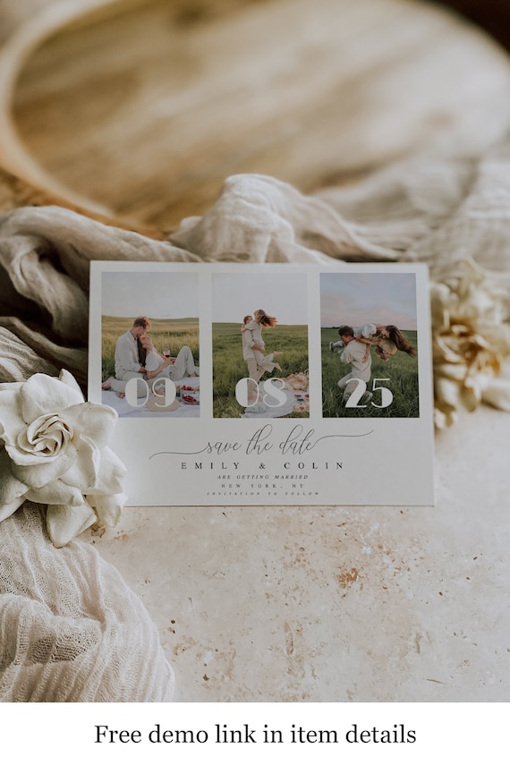 Save The Date Template, Templett, 100% Editable Text, Collage, Multiple Photo, 3, Three Picture Download, Custom, Try Before You Buy #vmt12