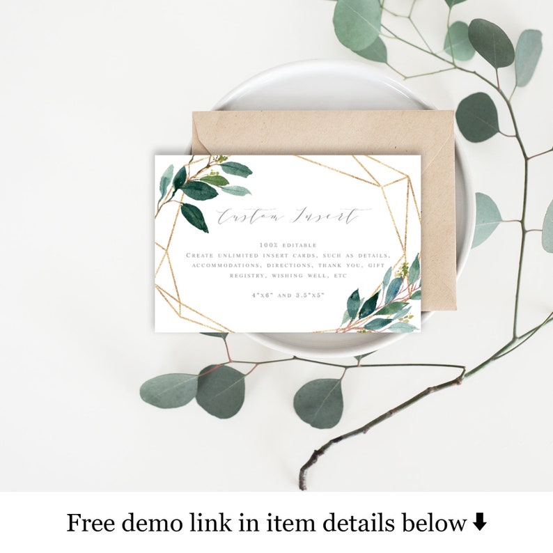 Wedding Information Card Template Leaves #vmt375 Fully Editable Enclosure Templett DIY Greenery Geometric Invitation Insert Gold Frame