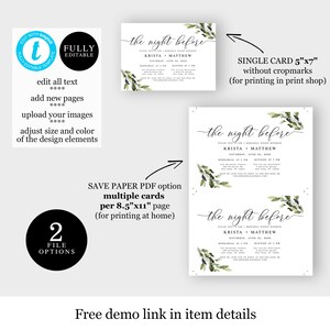 May include: Editable printable invitation template for a rehearsal dinner. The invitation features a watercolor design with green leaves and the text "the night before" in a script font. The invitation is available in two file options: a single 5x7 inch card for printing at a print shop and a multi-page 8.5x11 inch PDF for printing at home.